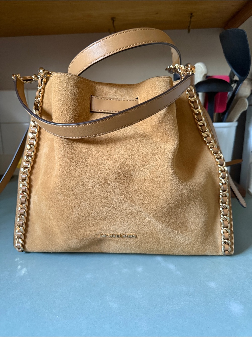 Michael Kors Mina Camel Suede Shoulder Bag with Gold Chain Trim lg bag